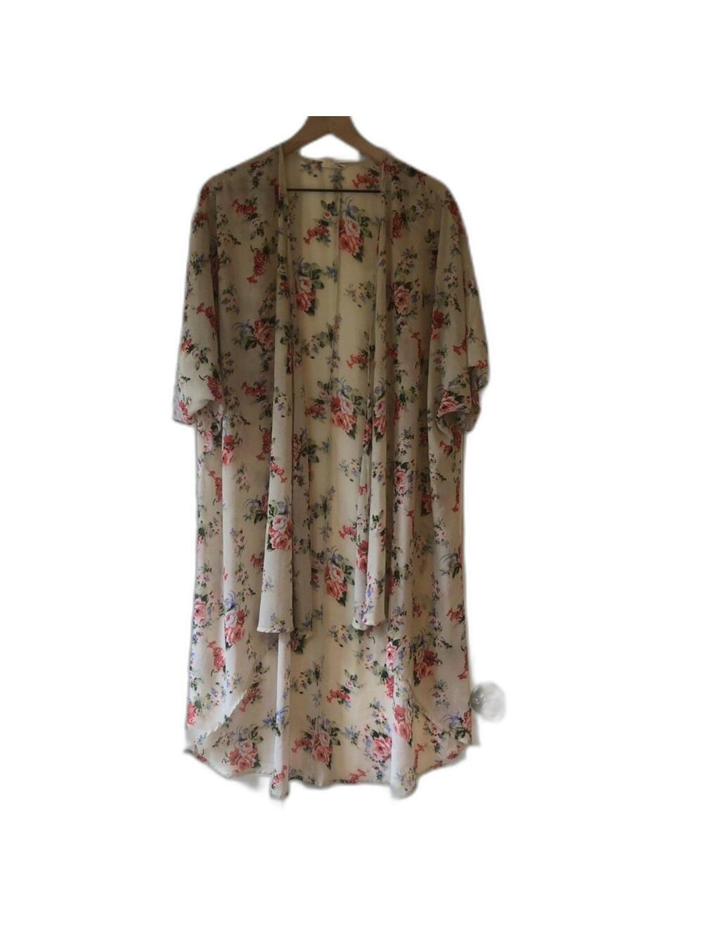 LA Hearts Women’s One Size Kimono Duster Cardigan Topper Pink Off White Floral